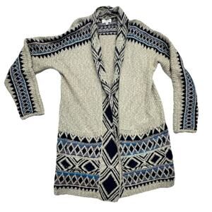 Lucky Brand Cardigan Sweater Womens Medium Beige Tribal Southwestern Open Front